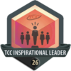 TCC Inspirational Leader Badge features an orange, pink, and red polygon with stick figure icons one of which is bigger than the others and in the center of the image.